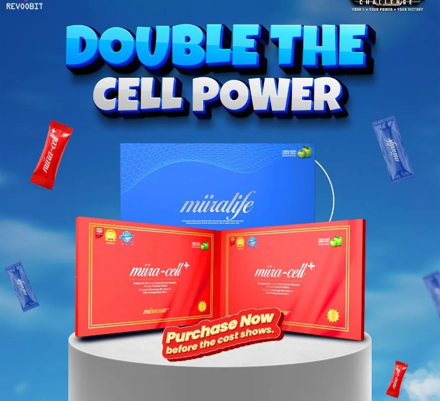 Miira-Cell+ and MiiraLife packaging arranged on a clean podium against a blue sky background.